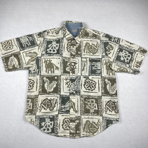 Bugle‎ Boy Shirt Mens XXL Casual Vacation Travel Tribal Islands Art Cruise Work - Picture 1 of 11